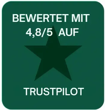 Trustpilot-Bewertung 4,8 von 5 – grünes Abzeichen mit Stern, das die Nutzerzufriedenheit und die Zuverlässigkeit des Services veranschaulicht.