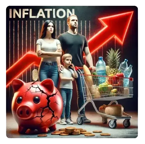 Symbolbild zur Inflation – eine besorgte Familie mit Kind steht vor einem Einkaufswagen voller Lebensmittel, während eine rote, nach oben zeigende Kurve die steigenden Preise darstellt. Im Vordergrund ein zerbrochenes Sparschwein mit verstreuten Münzen. Die Szene veranschaulicht den Kaufkraftverlust und die Auswirkungen der Inflation auf Haushalte und den täglichen Einkauf.