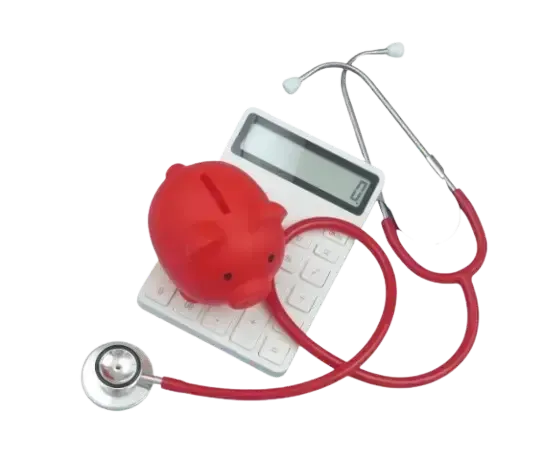 Bild mit einem roten Sparschwein, einem Stethoskop und einem Taschenrechner – Symbol für Gesundheitsfinanzen, medizinische Ausgabenoptimierung und wirtschaftliche Vorsorge.