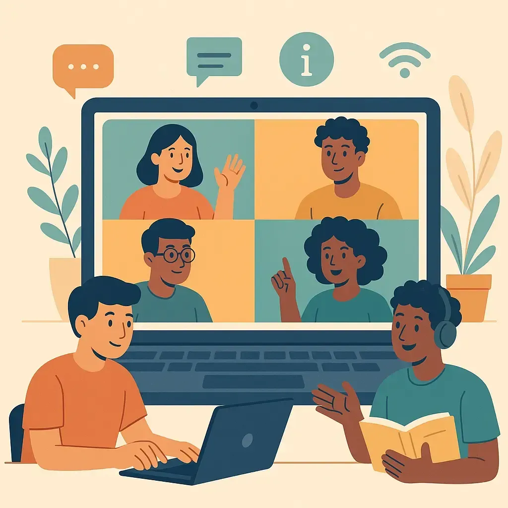 Flache digitale Illustration, die gemeinsames Online-Lernen zeigt: Vier Personen erscheinen auf dem Bildschirm eines Laptops in einer Videokonferenz, während zwei weitere im Vordergrund miteinander sprechen und dabei ein Buch und einen Laptop nutzen.