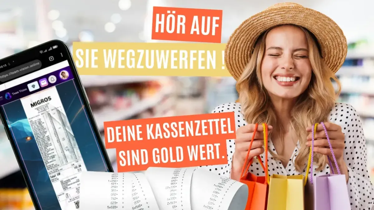 Werbebild mit dem Text „Hör auf, sie wegzuwerfen! Deine Kassenzettel sind Gold wert.“ – eine lächelnde Frau hält Einkaufstaschen, daneben ein Smartphone mit einem Migros-Kassenbon und mehrere aufgerollte Quittungen.
