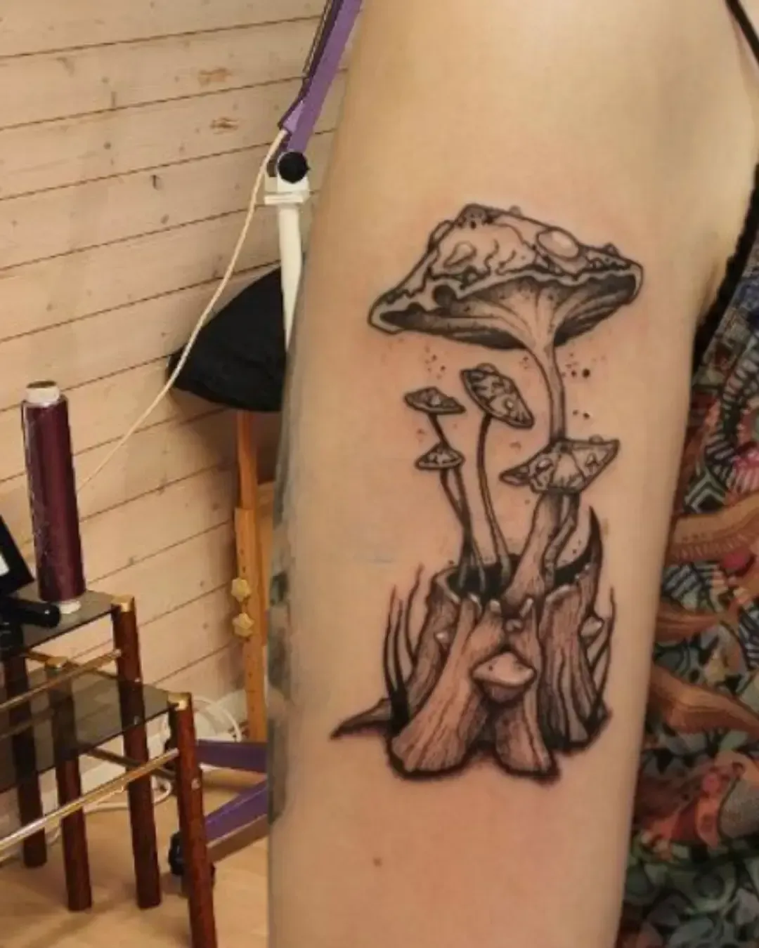 Tatouage artistique de champignons poussant sur une souche – symbole de nature, renaissance et connexion à la terre, réalisé par Magic Ink à Fribourg.