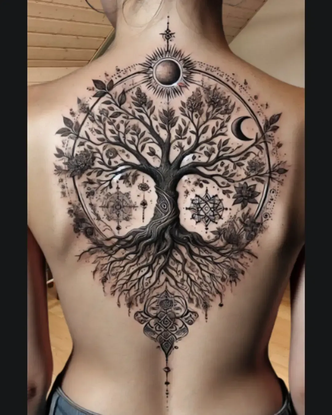 Tatouage arbre de vie couvrant tout le dos avec racines, soleil, lune et symboles spirituels – représentation de force, équilibre et connexion universelle, réalisé par Magic Ink à Fribourg.