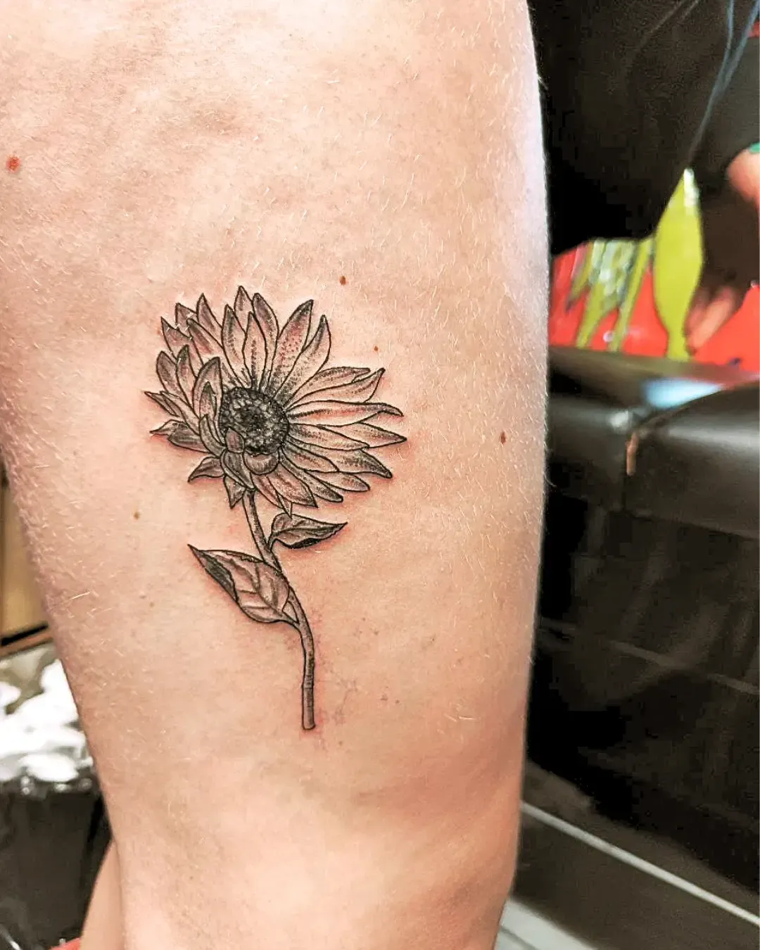 Tatouage réaliste de tournesol en noir et gris – symbole de lumière, joie et énergie, réalisé par Magic Ink à Fribourg en Suisse.