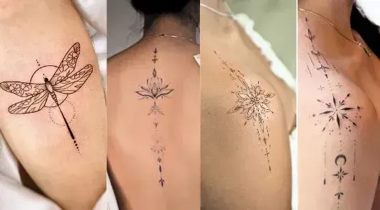 Tatouages minimalistes et floraux sur l’épaule et le dos – motifs de libellule, lotus et mandala délicats réalisés en style fineline, Magic Ink studio tatouage artistique Suisse