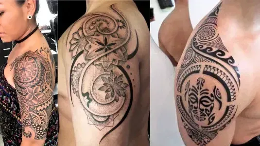 Tatouages polynésiens et tribaux sur l’épaule et le bras – motifs géométriques et symboliques traditionnels, style Maori et Tahitien, réalisés en noir par Magic Ink studio tatouage Suisse.