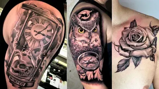 Tatouages réalistes en noir et gris sur l’épaule et le torse – sablier avec crâne, hibou avec boussole et rose détaillée, style réaliste artistique par Magic Ink studio tatouage Suisse.