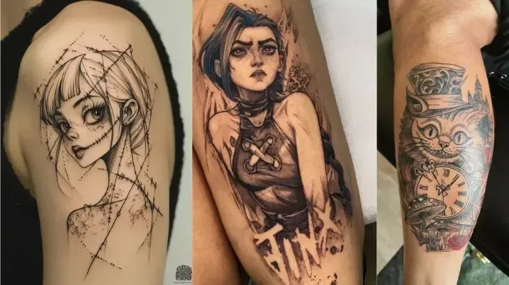 Tatouages sketch et néo-traditionnels sur le bras et la jambe – portrait féminin en style croquis, personnage coloré inspiré de Jinx et chat victorien avec montre, réalisés par Magic Ink studio tatouage artistique Suisse.