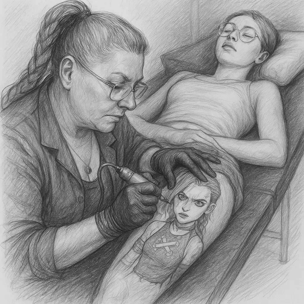 Dessin-sketch réalisé en noir et blanc de Maya, artiste tatoueuse chez Magic Tattoo Ink, en train de tatouer une cliente représentant Jinx de la série Arcane sur la cuisse.