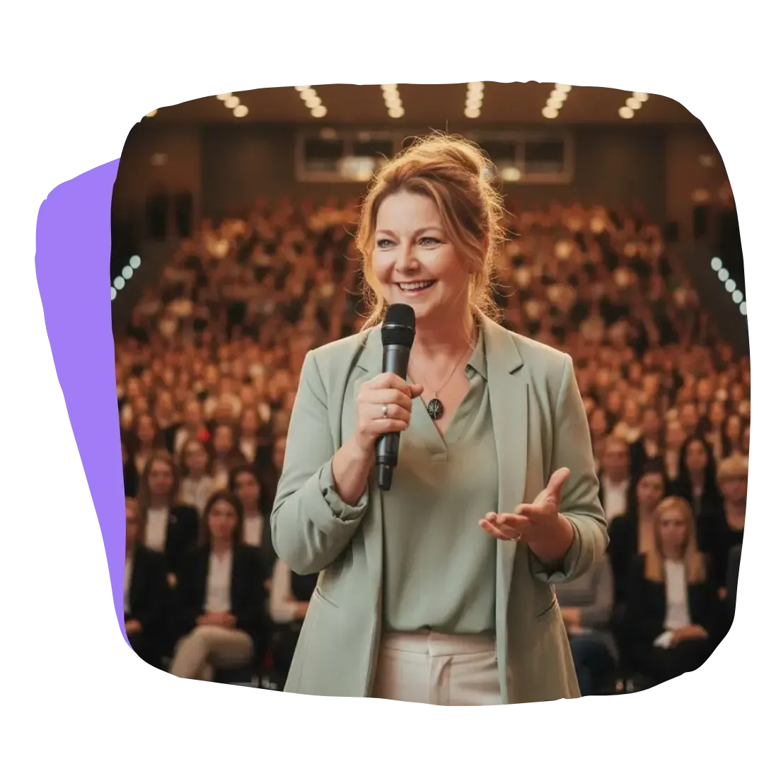 Annemarie Andrey s’exprimant sur scène devant un large public, entrepreneure inspirante partageant sa vision autour de la santé, la liberté financière et les voyages.