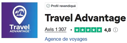 Logo de Travel Advantage, une agence de voyages avec une notation de 4,8 étoiles sur Trustpilot, offrant des services de voyages de qualité et des avantages exclusifs aux membres.