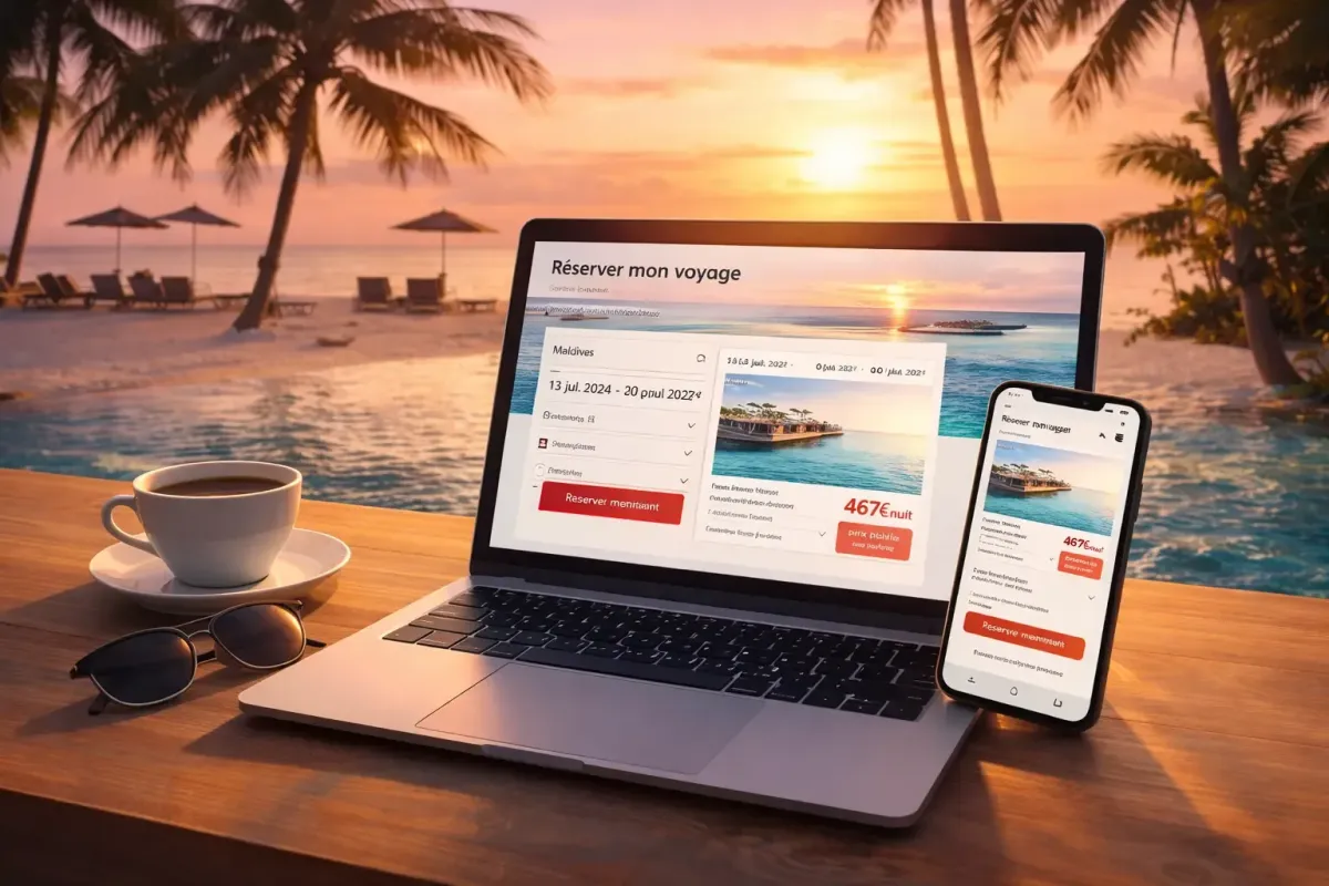 Réservation de voyage en ligne sur laptop et mobile devant un resort tropical au coucher de soleil, symbole de voyage malin, économies sur les séjours et liberté de voyager depuis n’importe où