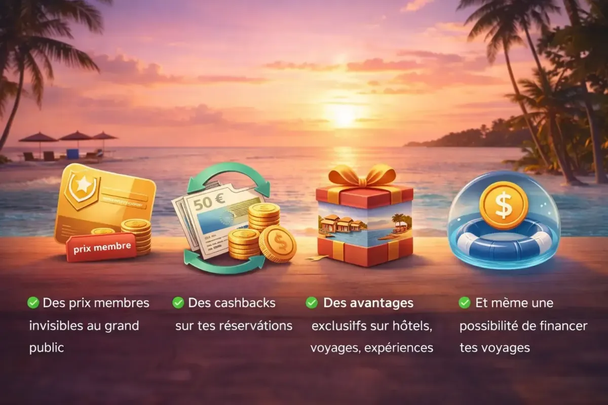 Illustration des avantages d’un club de voyage avec prix membres, cashback sur réservations, bonus exclusifs et possibilité de financer ses voyages, sur fond de plage tropicale au coucher de soleil