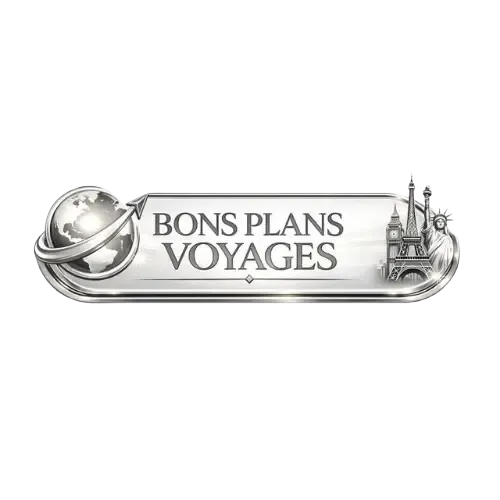 Logo Bons Plans Voyages représentant une plaque argentée avec globe, monuments et symbole de voyage, image de marque d’une plateforme spécialisée dans les bons plans voyage et les offres exclusives pour voyageurs malins
