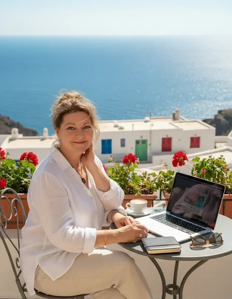 Annemarie Andrey entrepreneure digitale travaillant face à la mer sur une terrasse ensoleillée, style de vie libre et bien-être