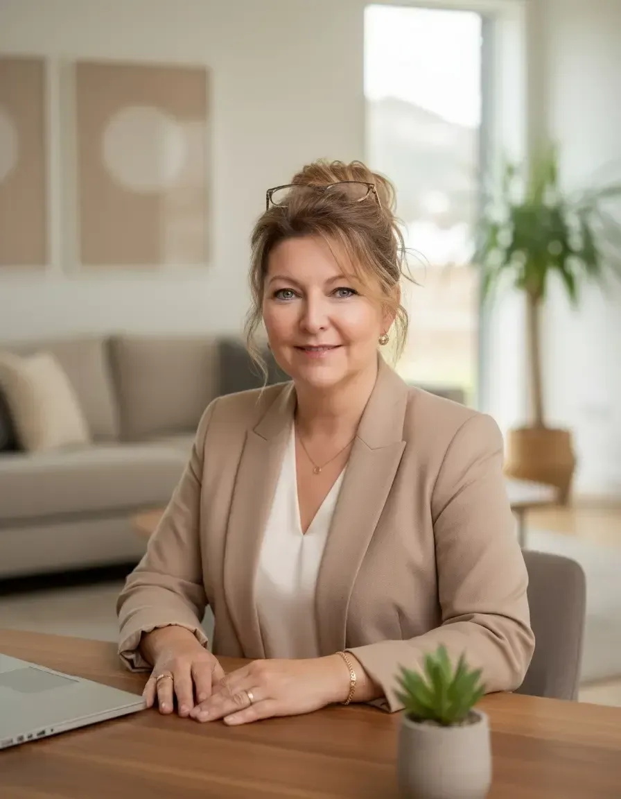 Annemarie Andrey, entrepreneure indépendante, assise à son bureau dans un environnement lumineux, accompagnement en stratégie financière et investissement