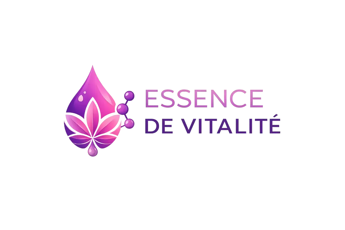Logo Essence de Vitalité avec goutte violette et feuille naturelle stylisée