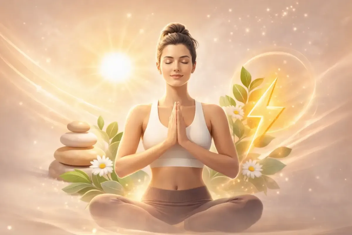 Femme en méditation symbolisant équilibre, énergie naturelle, bien-être et vitalité pour un lifestyle sain et aligné