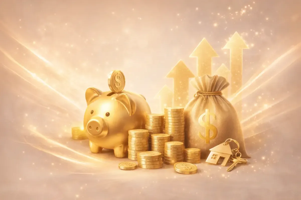 Tirelire et pièces d’or symbolisant richesse, liberté financière, revenus passifs et réussite entrepreneuriale