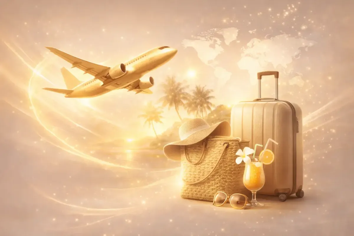 Voyage premium avec avion, valise et plage tropicale symbolisant liberté financière, lifestyle entrepreneur et revenus en ligne