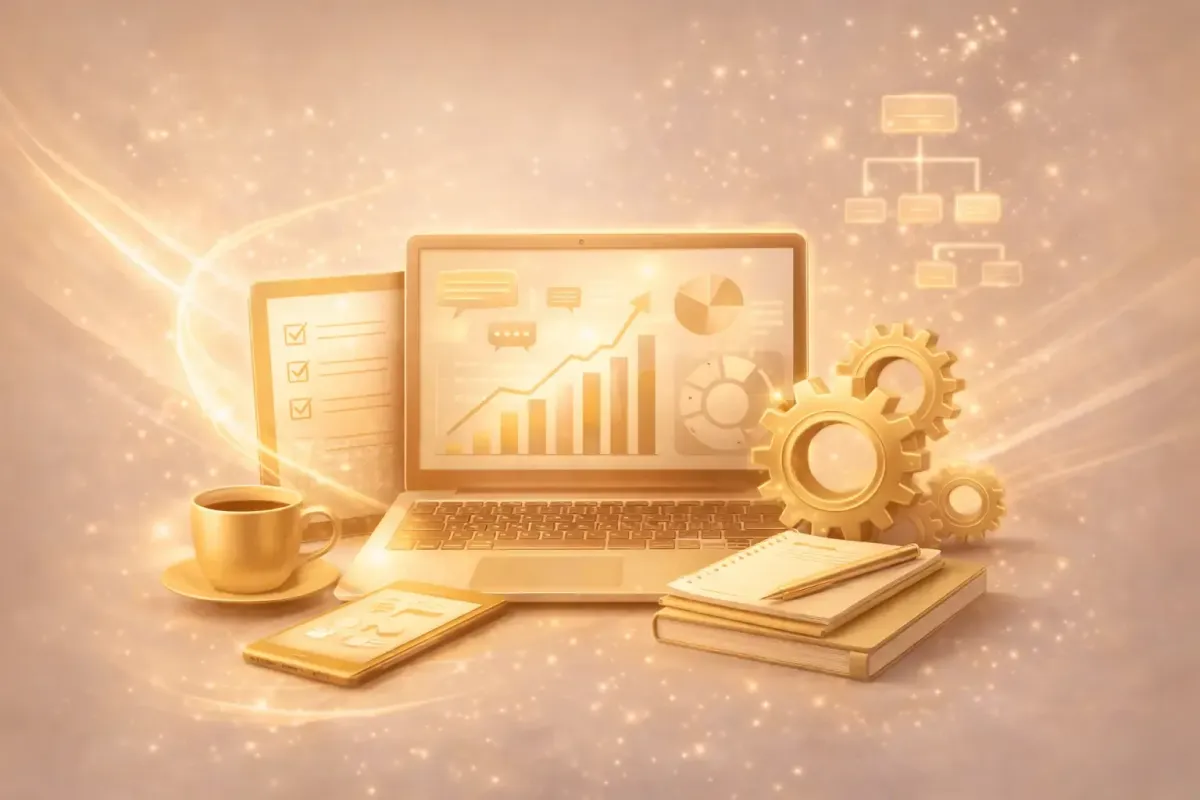 Ordinateur portable avec graphiques de croissance et outils digitaux symbolisant business en ligne, stratégie digitale et automatisation des revenus