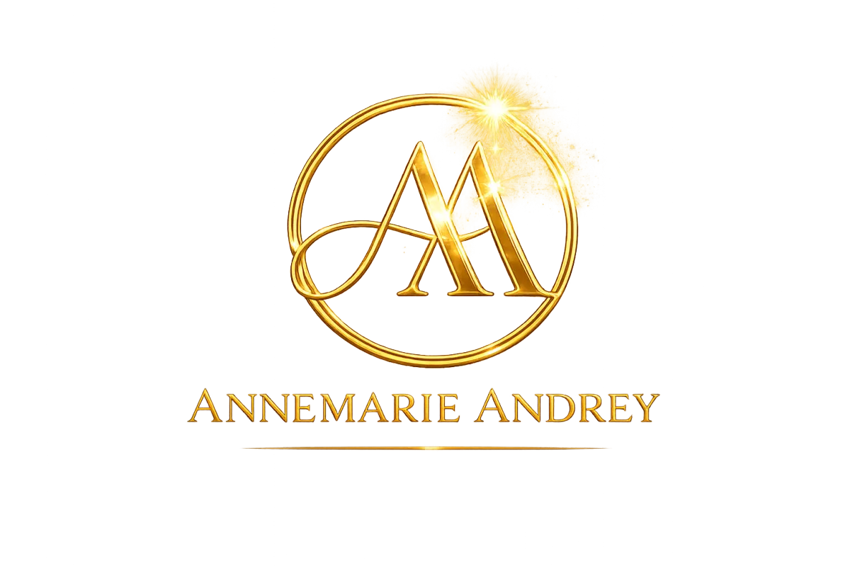 Logo doré lumineux Annemarie Andrey avec monogramme AA premium symbolisant leadership, entrepreneuriat, accompagnement stratégique et image de marque haut de gamme.