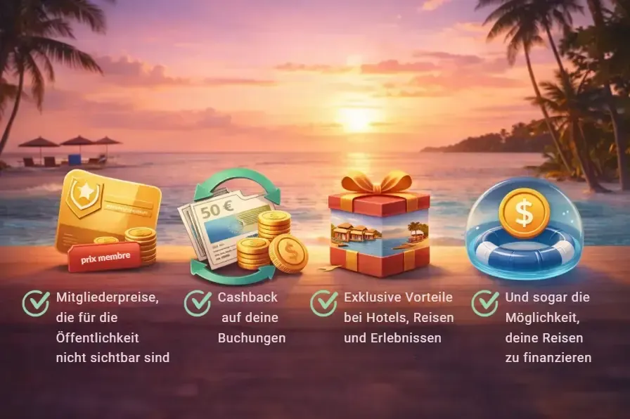 Mitgliederpreise, Cashback und exklusive Reisevorteile am Strand bei Sonnenuntergang – günstiger reisen und Urlaub finanzieren