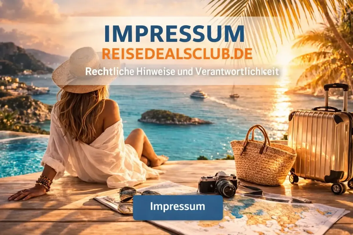 Illustration premium de l’Impressum ReiseDealsClub.de avec voyageuse face à la mer, valise, carte et coucher de soleil évoquant les mentions légales et la responsabilité du site