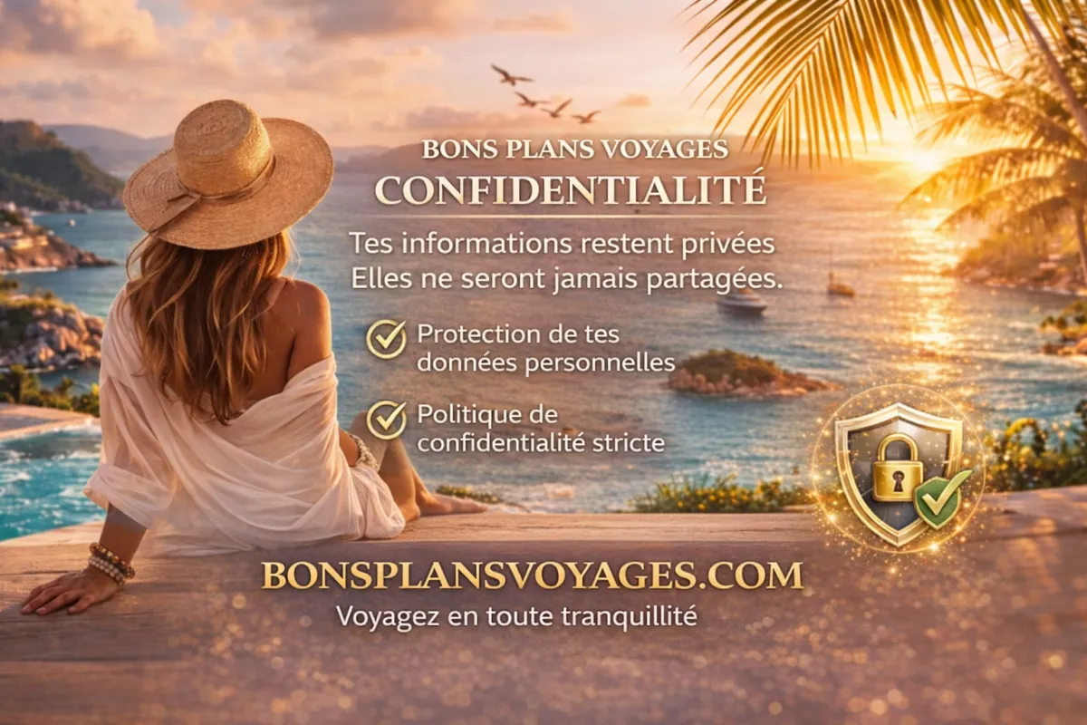 Image inspirante pour la politique de confidentialité de Bons Plans Voyages montrant une femme admirant un coucher de soleil sur une baie paradisiaque, avec un design élégant mettant en avant la protection des données personnelles, la confidentialité et la sécurité des informations des voyageurs.