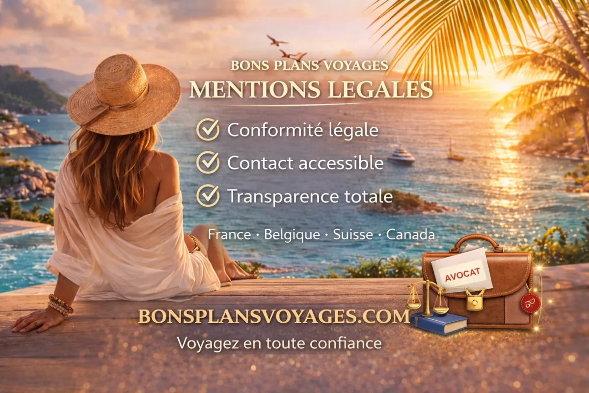 Image élégante pour les mentions légales de Bons Plans Voyages représentant une voyageuse face à un coucher de soleil paradisiaque, avec des éléments visuels liés à la conformité légale, la transparence et la sécurité, dans une ambiance premium et rassurante dédiée aux voyageurs francophones.