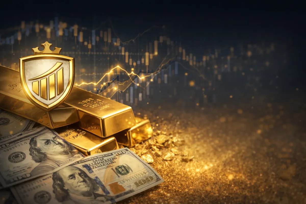 Lingots d’or avec symbole de protection et billets en dollars sur fond financier, illustrant la sécurisation et la croissance du capital grâce à l’or physique.