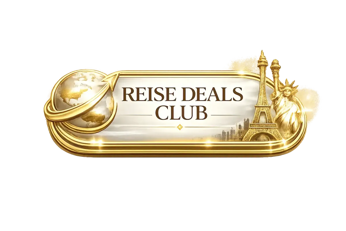 Reise Deals Club Logo in Gold mit Globus, Pfeil, Eiffelturm und Freiheitsstatue – exklusiver Reiseclub für smarte Reisen und Premium-Angebote