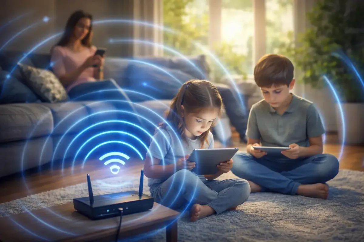 Famille utilisant des appareils connectés dans un salon moderne, entourée de signaux Wi-Fi illustrant l’exposition aux ondes électromagnétiques dans l’environnement quotidien.