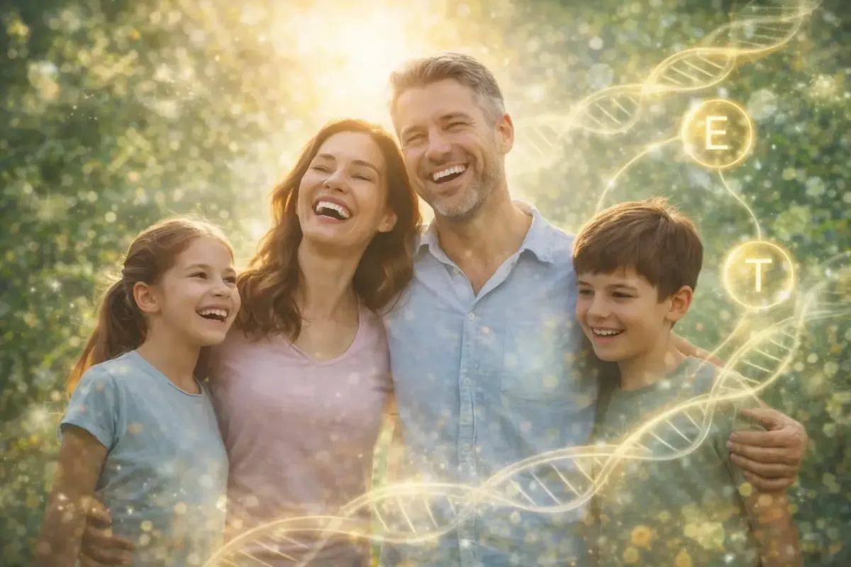 Famille en pleine santé rayonnante dans la nature, symbolisant l’équilibre hormonal, l’énergie et le bien-être global au quotidien