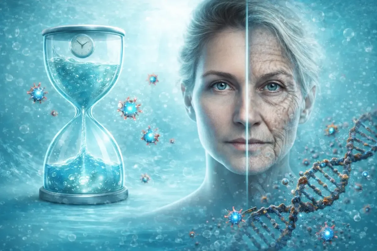 illustration du vieillissement cellulaire lié à la qualité de l’eau, montrant l’impact des toxines sur le corps et l’ADN