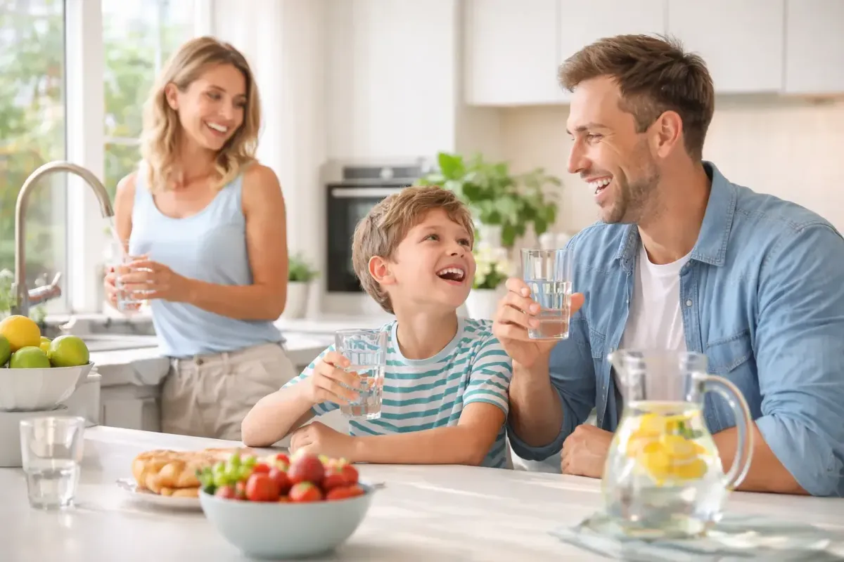famille buvant de l’eau à la maison, symbole de santé, bien-être et hydratation au quotidien