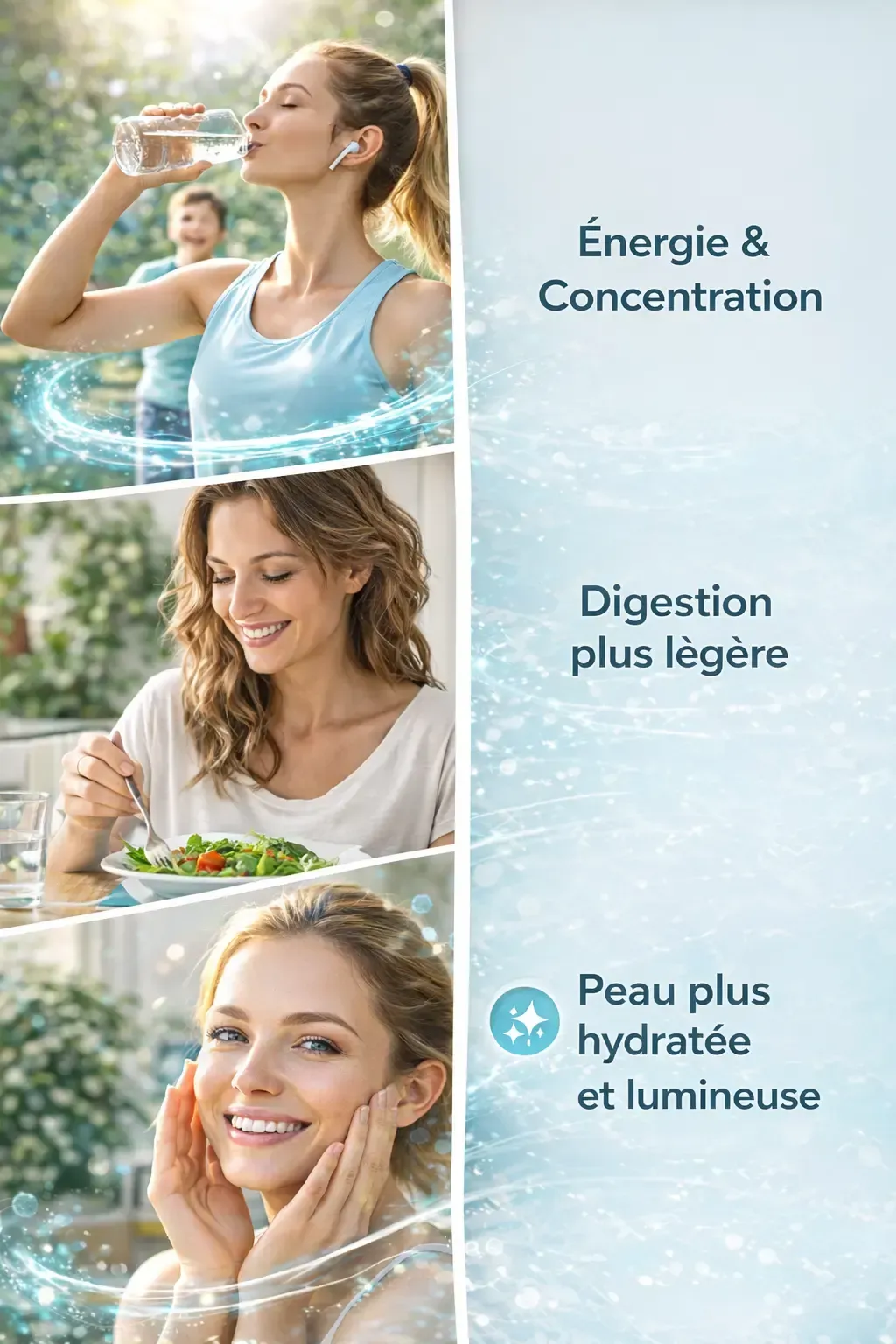 personnes illustrant les bienfaits d’une bonne hydratation : énergie, concentration, digestion et peau plus lumineuse