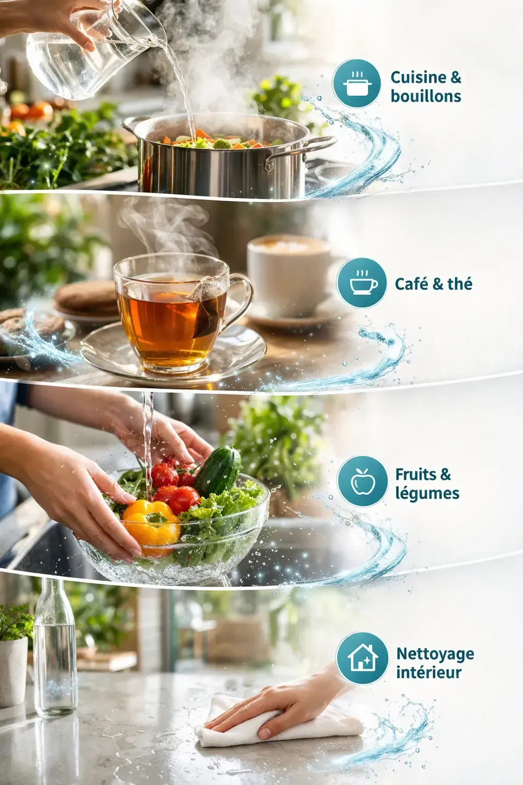 utilisations de l’eau au quotidien : cuisine, café et thé, lavage des fruits et légumes et nettoyage de la maison