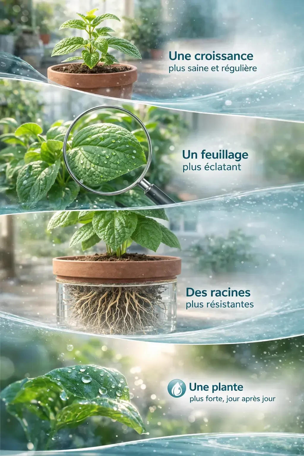 plante en croissance montrant des feuilles saines et des racines solides, illustrant l’impact d’une eau de qualité sur le développement des végétaux