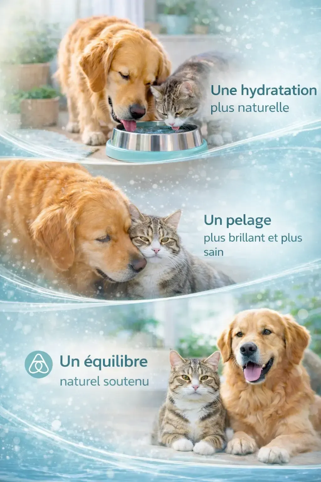 chien et chat buvant de l’eau et en bonne santé, illustrant les bienfaits d’une hydratation naturelle sur les animaux