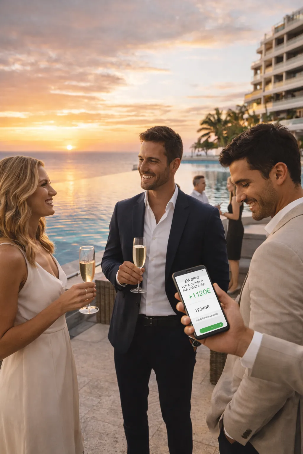 Scène lifestyle de voyage haut de gamme au coucher du soleil dans un hôtel avec piscine, personnes élégantes consultant un smartphone affichant un eWallet crédité, illustration des bons plans voyage, revenus voyageurs et liberté financière.