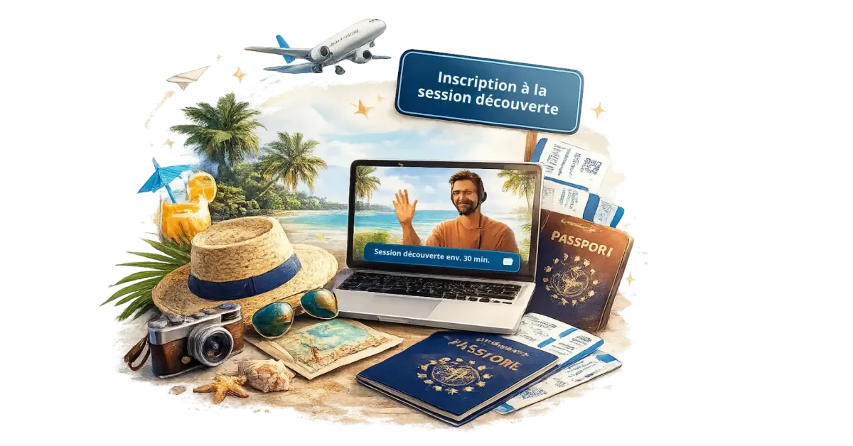 Invitation à une session découverte voyage pour apprendre comment voyager plus souvent en payant moins cher, avec réservation gratuite en ligne.