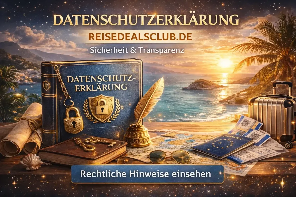 Illustration premium de la politique de confidentialité ReiseDealsClub.de avec livre juridique, cadenas doré, passeport et décor de voyage au coucher du soleil évoquant sécurité et transparence des données