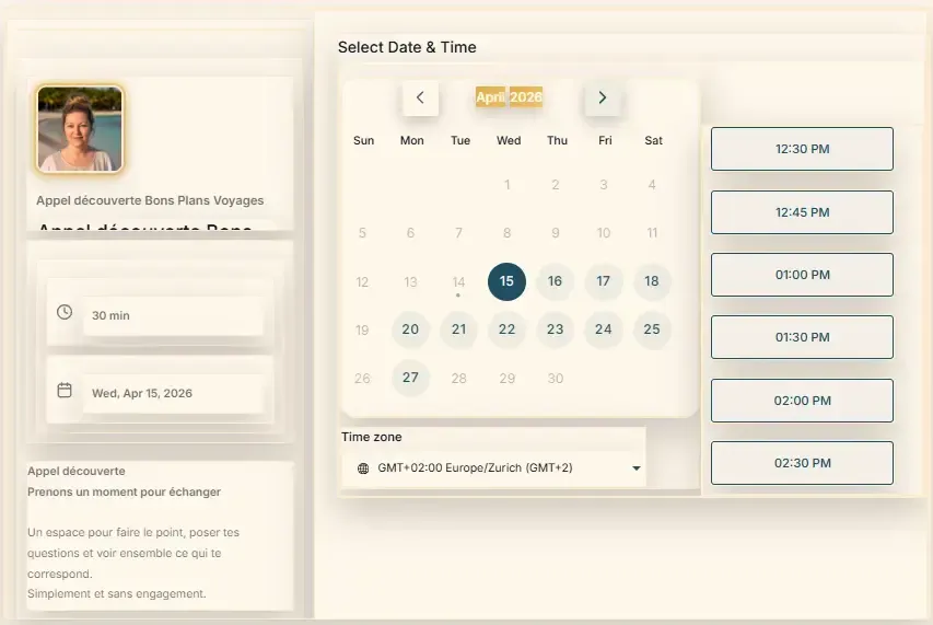 Agenda en ligne Bons Plans Voyages pour réserver un appel découverte de 30 minutes avec Anne-Marie et choisir la date ainsi que l’heure du rendez-vous.