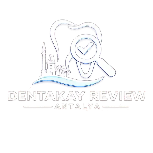 Dentakay Review Antalya — Independent patient review logo featuring a tooth with a magnifying glass and checkmark, Antalya skyline