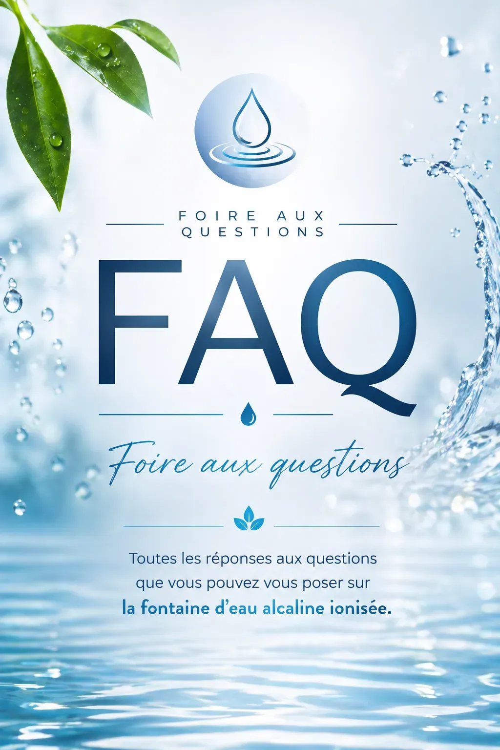 FAQ AquaJoy sur la fontaine d’eau alcaline ionisée, visuel premium avec éclaboussures d’eau, gouttes, feuilles vertes et fond aquatique bleu apaisant.