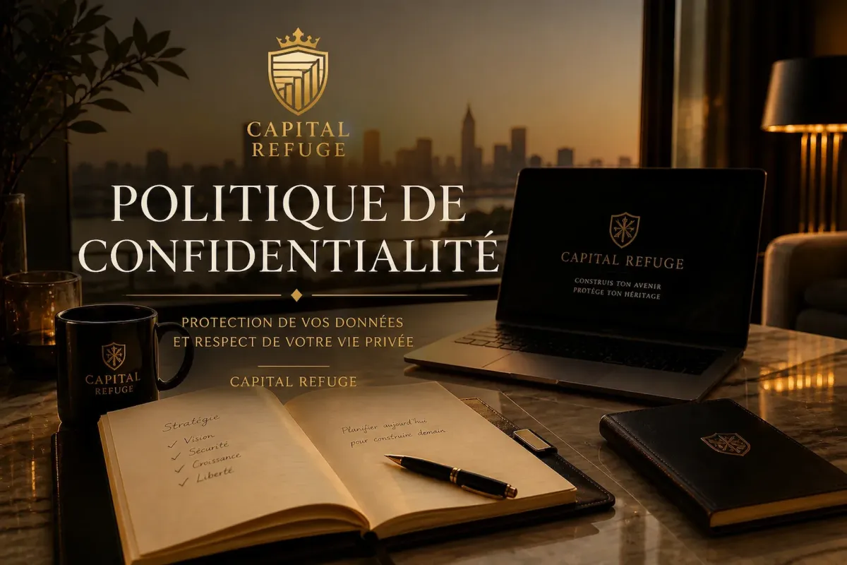 Page de politique de confidentialité Capital Refuge avec environnement professionnel au coucher du soleil symbolisant la protection des données et la sécurité financière