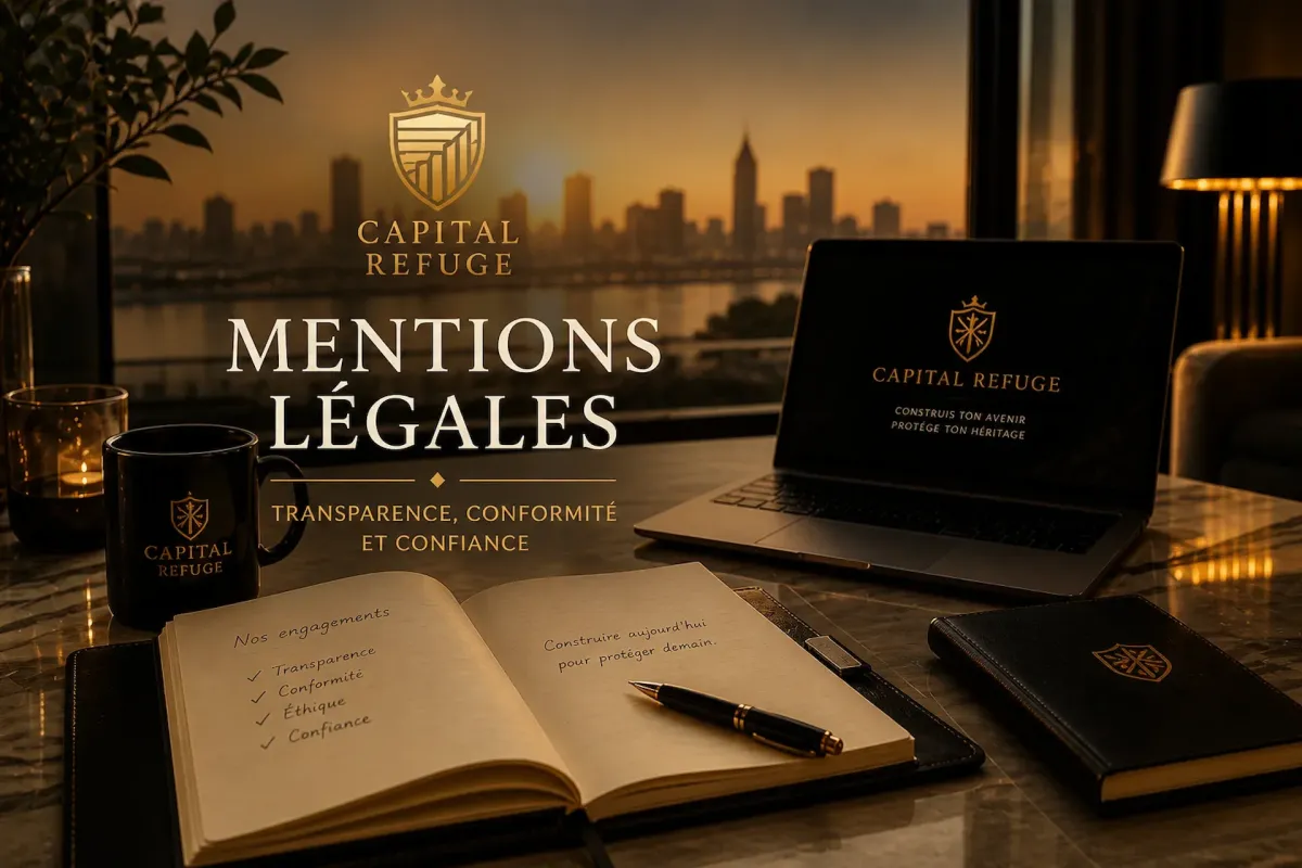 Bureau professionnel haut de gamme au coucher du soleil avec ordinateur, carnet et éléments de branding Capital Refuge, illustrant la transparence, la conformité et la confiance.