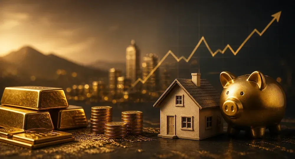 Lingots d’or et pièces avec tirelire et maison miniature représentant la protection du capital et une stratégie d’investissement sécurisée