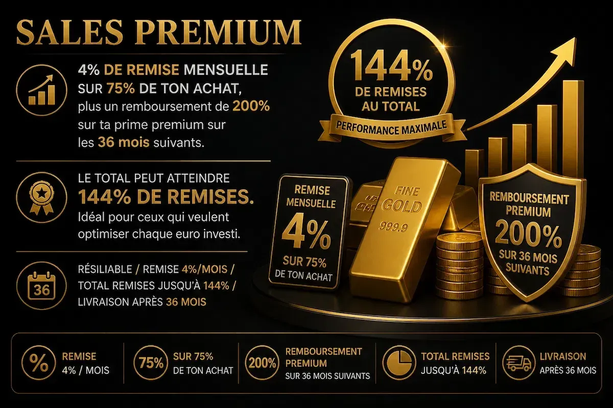 Offre Sales Premium avec lingots d’or et rendement optimisé illustrant un programme d’investissement en or physique avec remises mensuelles et avantages fidélité TGI
